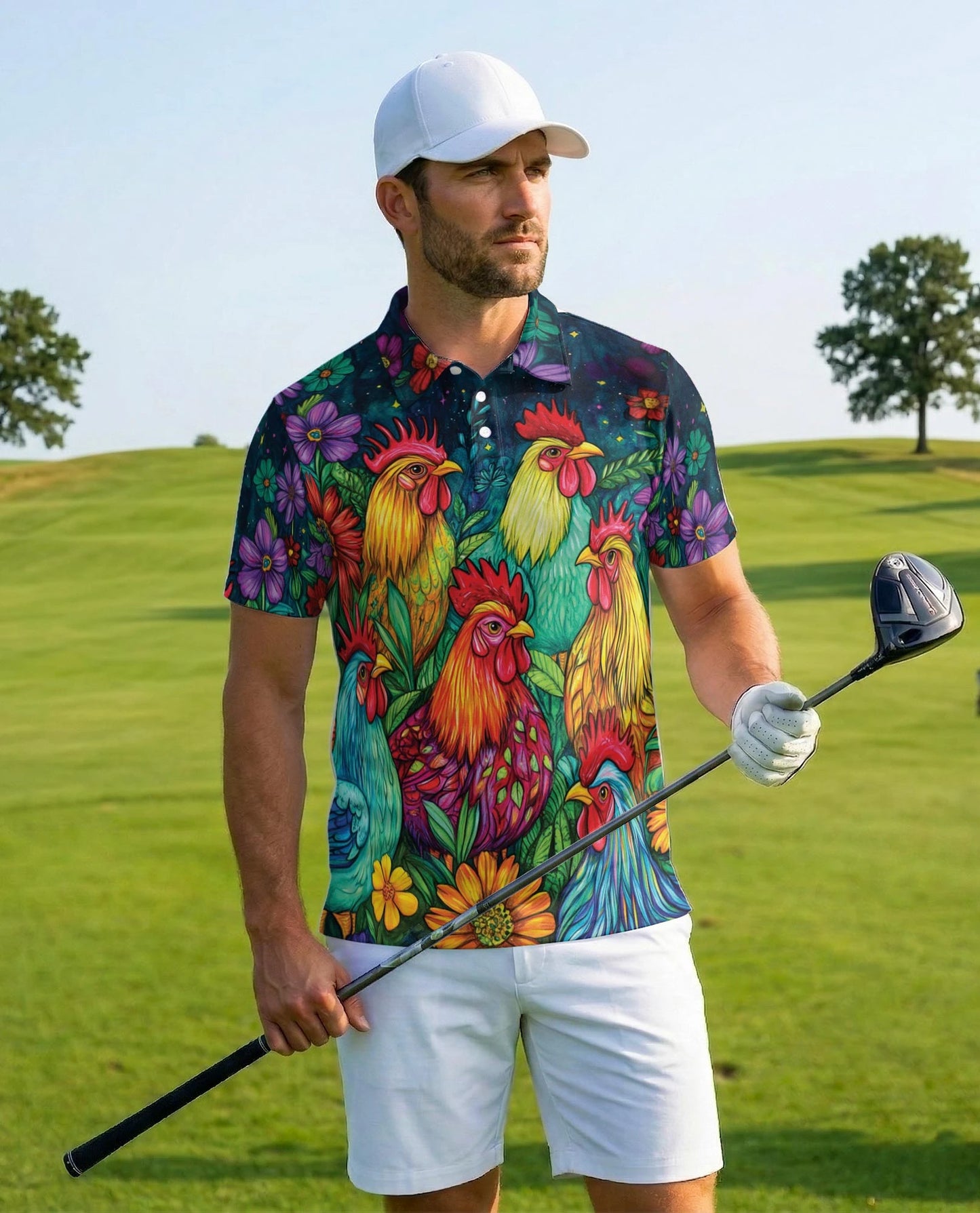 Vibrant Neon Rooster Polo Shirt for Men – Fantasy Art Style | Netecom