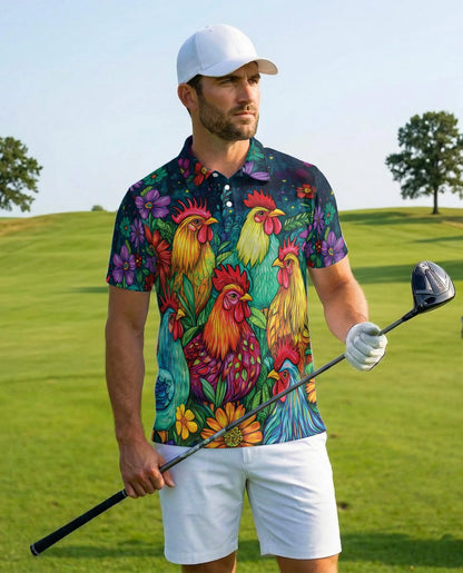 Vibrant Neon Rooster Polo Shirt for Men – Fantasy Art Style | Netecom