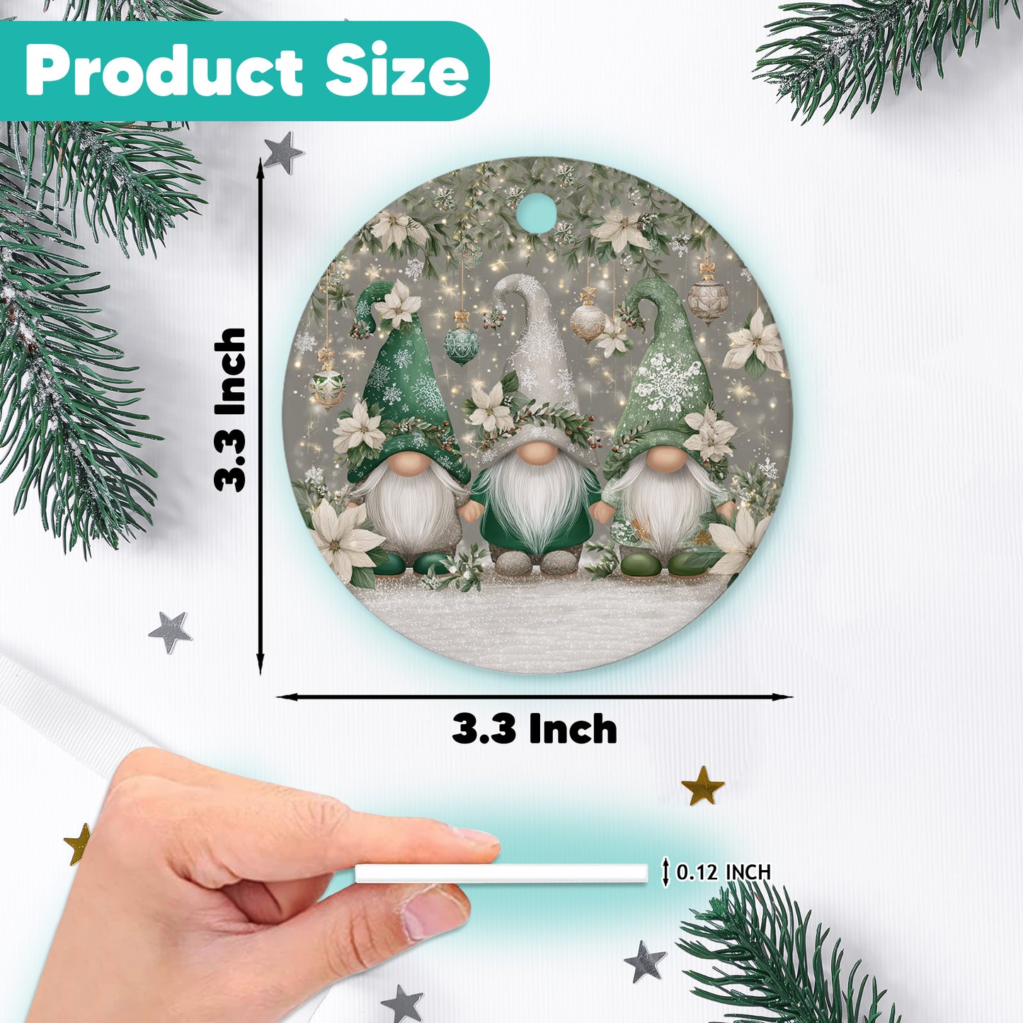 Netecom Cute Siver Gnome Floral Christmas Ornament, Adorable Scandinavian Tomte Ceramic Ornament for Christmas Tree Hanging Decorations Gift, Gnome Lover Gifts, Holiday Party Present