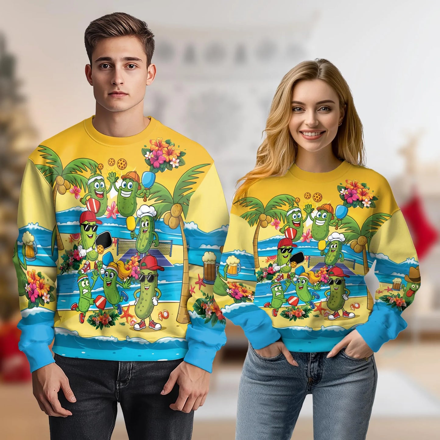 Pickleball Cartoons on the Beach Sweatshirt, 3D All Over Print Funny Pickleball Sports Crewneck Pullover for Men Women, Pickleball Lover Gift - Netecom