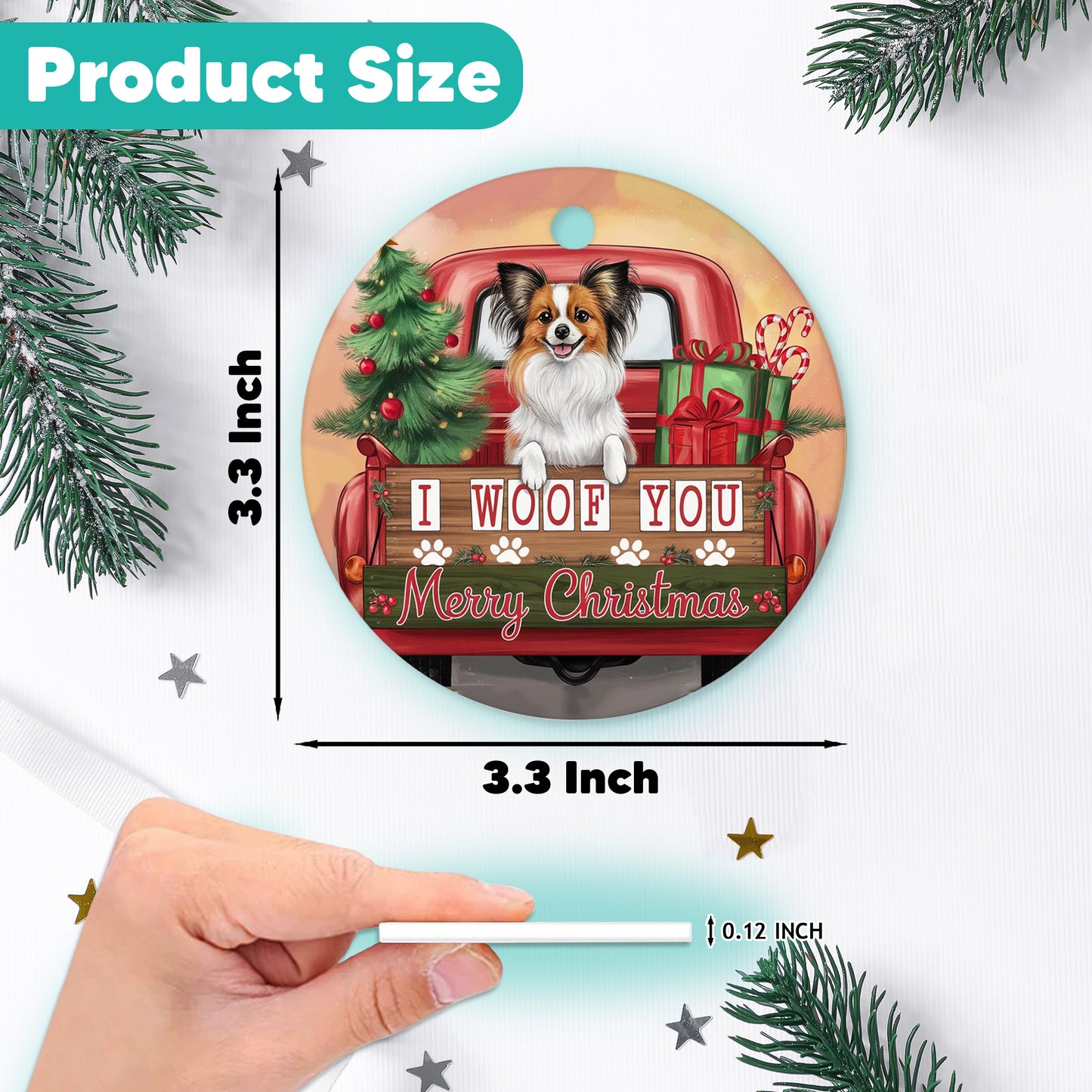 Netecom Funny Papillon Dog in Red Truck Ornament, I Woof You Merry Christmas Ceramic Ornament for Christmas Tree Hanging Decorations Gift, Dog Lover Gifts, Holiday Party Present