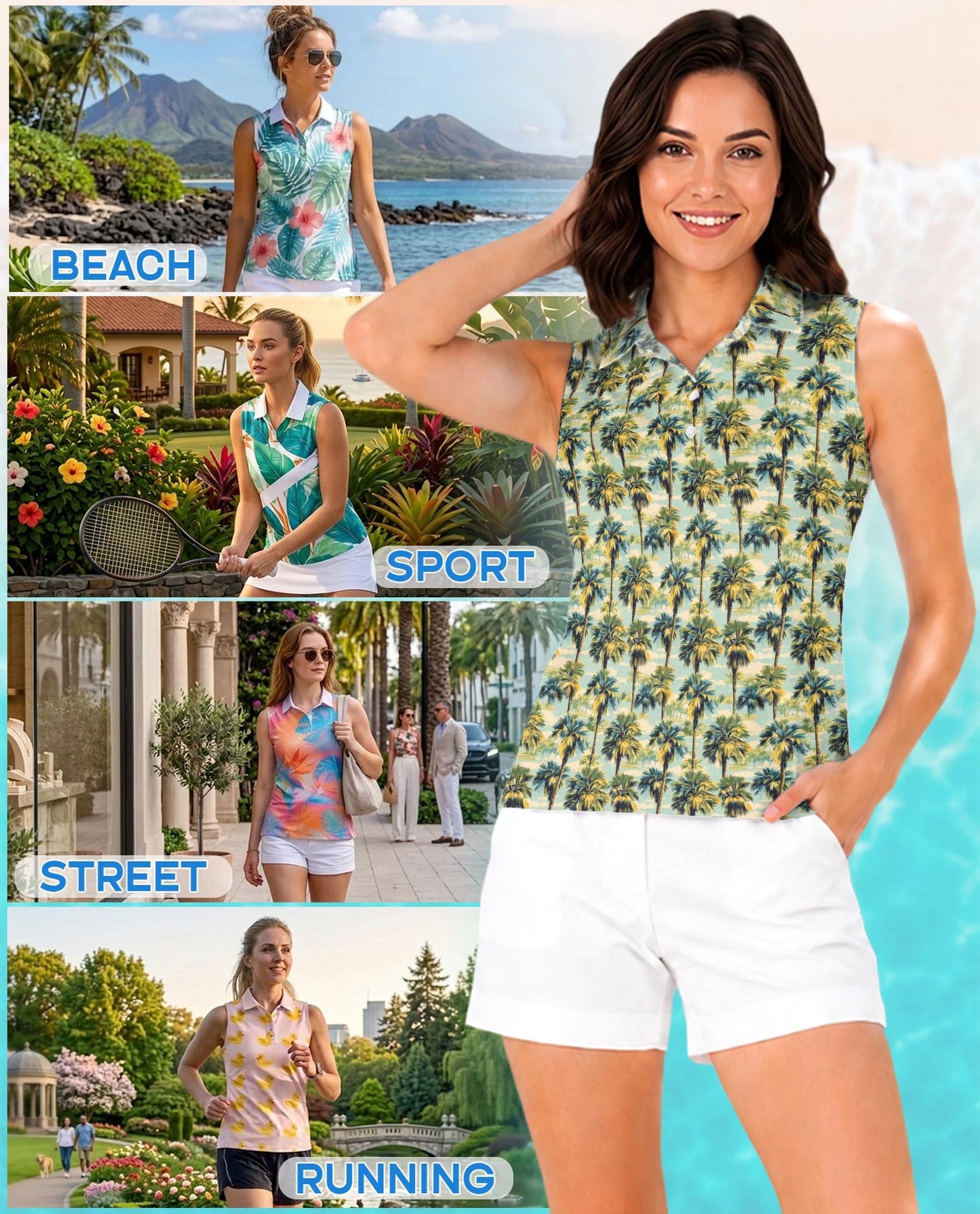 Tropical Print Sleeveless Polo Shirt for Women | Netecom