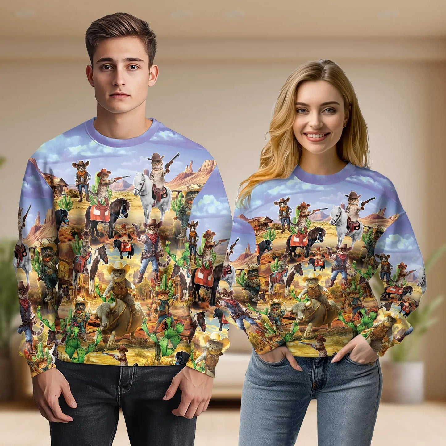 Meowdy Cowboy Cat Western Sweatshirt, 3D All Over Print Funny Cowboy Cat Crewneck Pullover for Men Women, Cat Lover Gift - Netecom