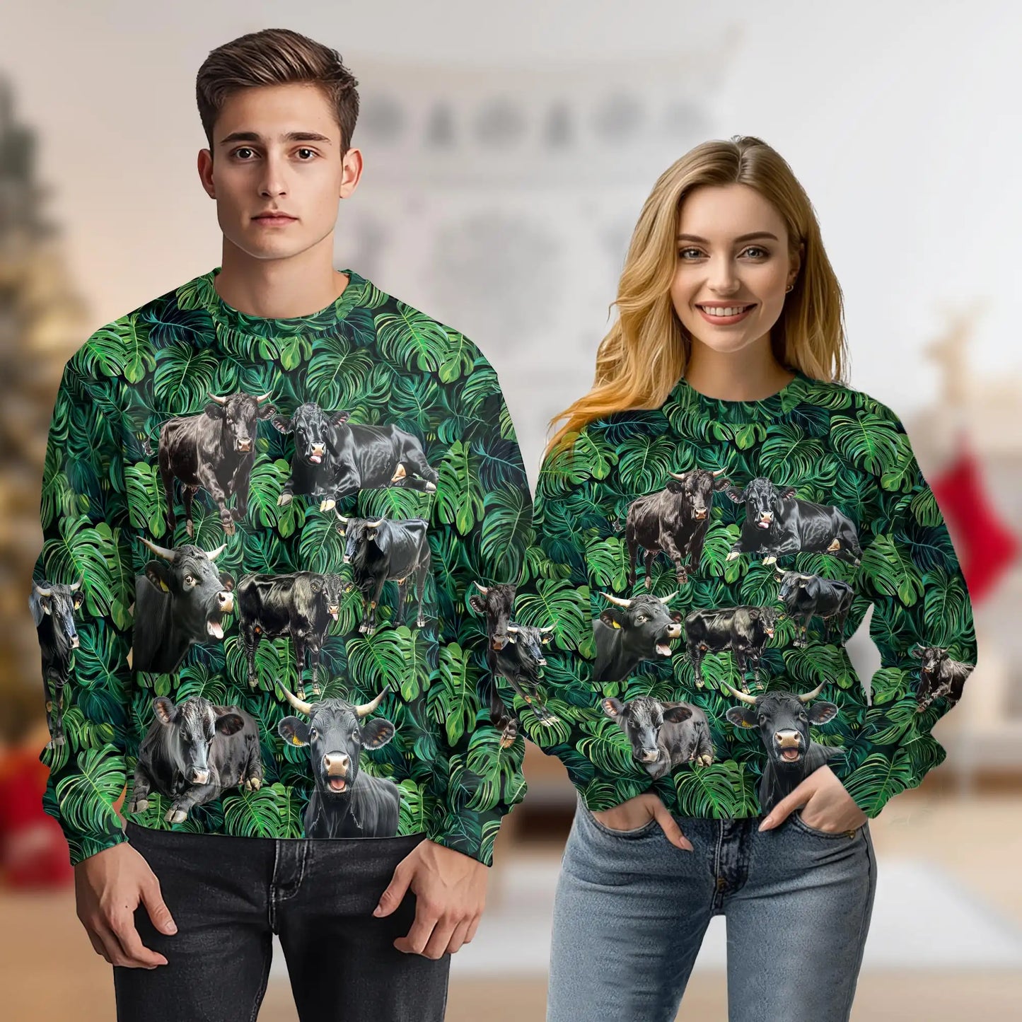 Angus Cattle Tropical Sweatshirt, 3D All Over Print Farm Cow Crewneck Pullover for Men Women, Cattle Lover Gift - Netecom