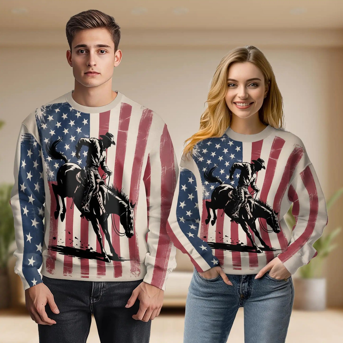 USA Horse Racing Silhouette Sweatshirt, 3D All Over Print Patriotic Equestrian Crewneck Pullover for Men Women, Horse Racing Lover Gift - Netecom