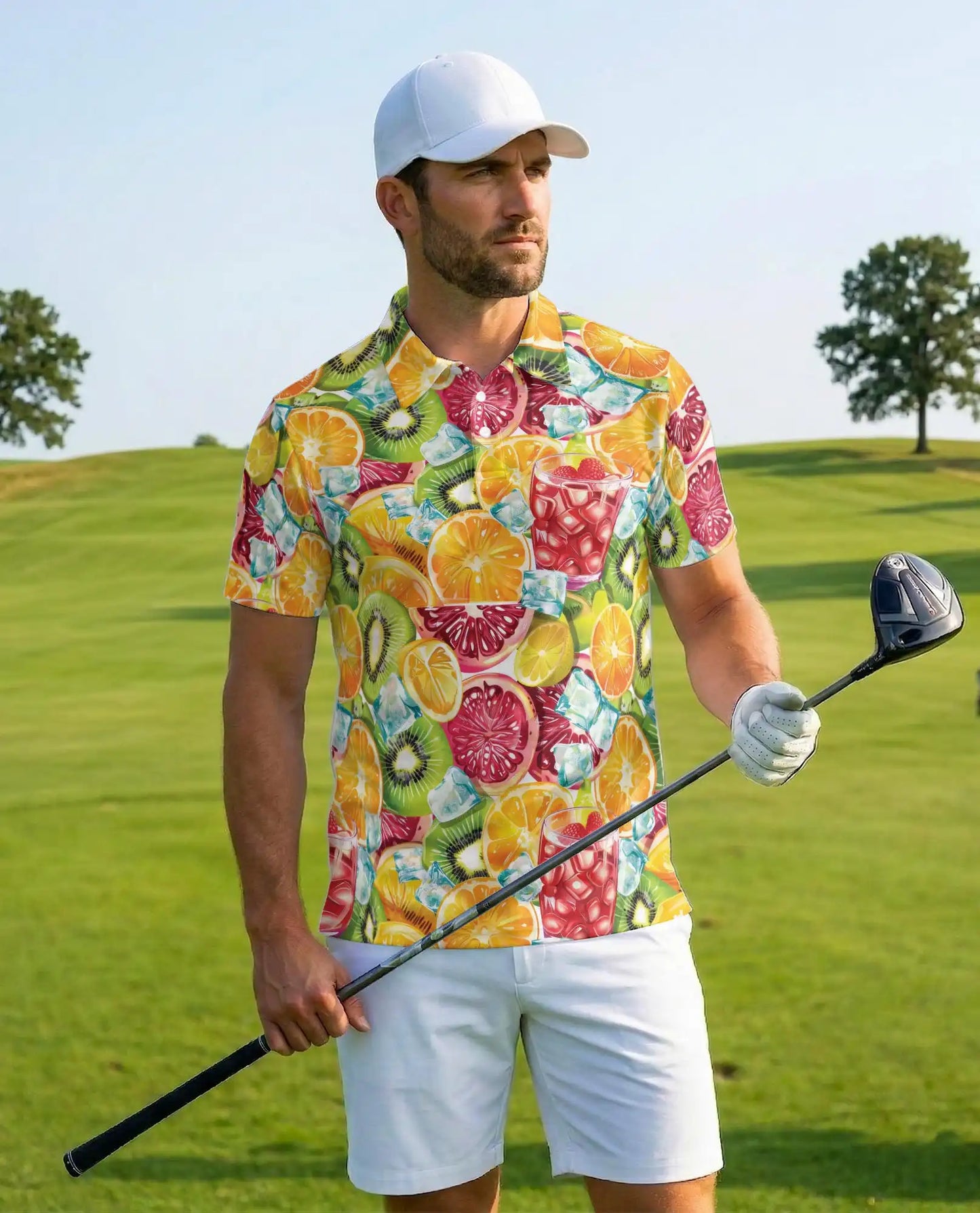 Tropical Citrus Fruit Cocktail Polo Shirt for Men-Orange Kiwi Shirt | Netecom