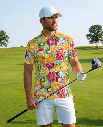 Tropical Citrus Fruit Cocktail Polo Shirt for Men-Orange Kiwi Shirt | Netecom