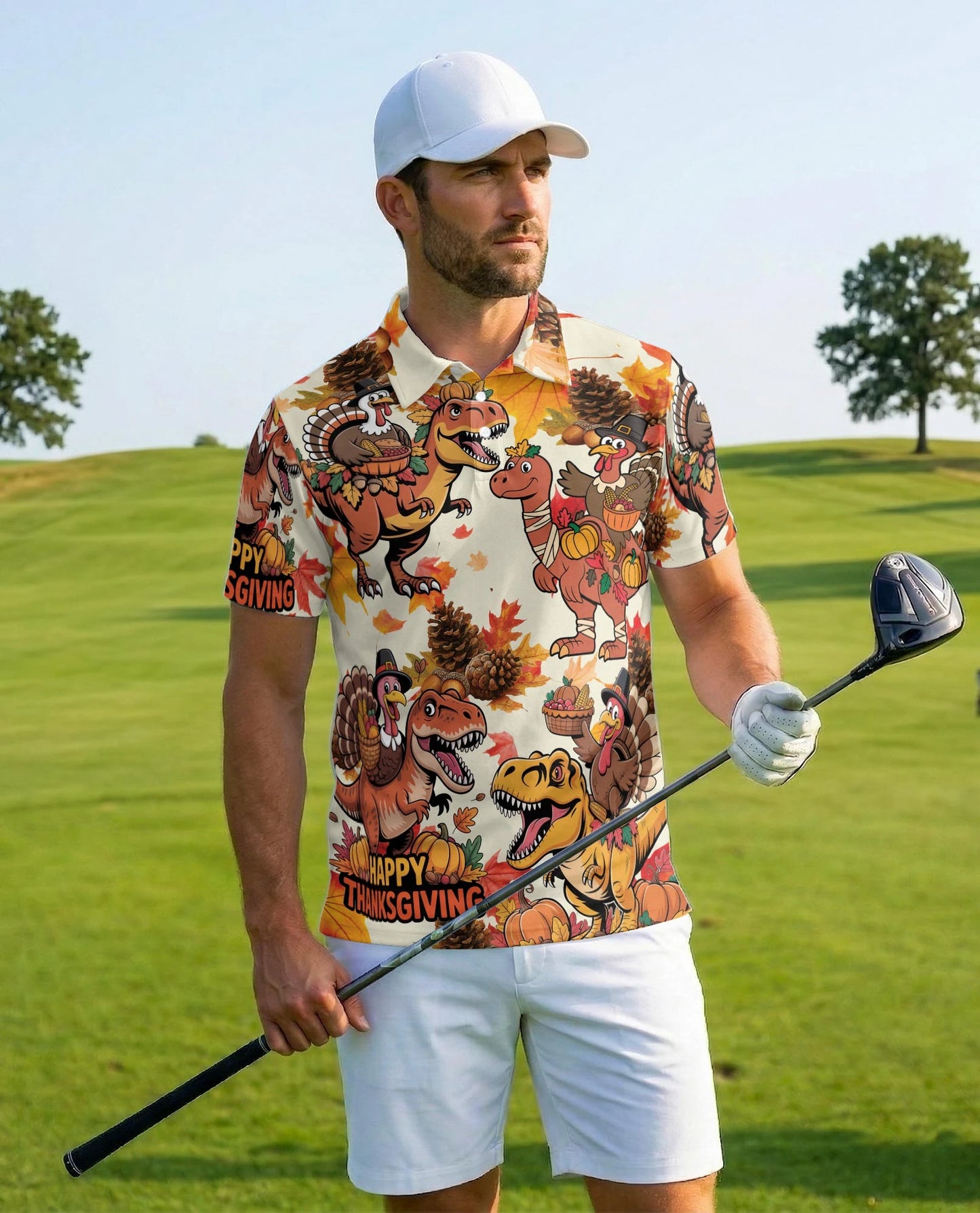 Thanksgiving Dinosaur Turkey Polo Shirt for Men – Funny Holiday Style | Netecom