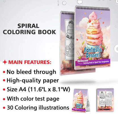 Fantastic Dessert Spiral Bound Coloring Book, Indulge in Your Imagination with 30 Enchanting Coloring Pages, Exploring the World of Fantastic Desserts