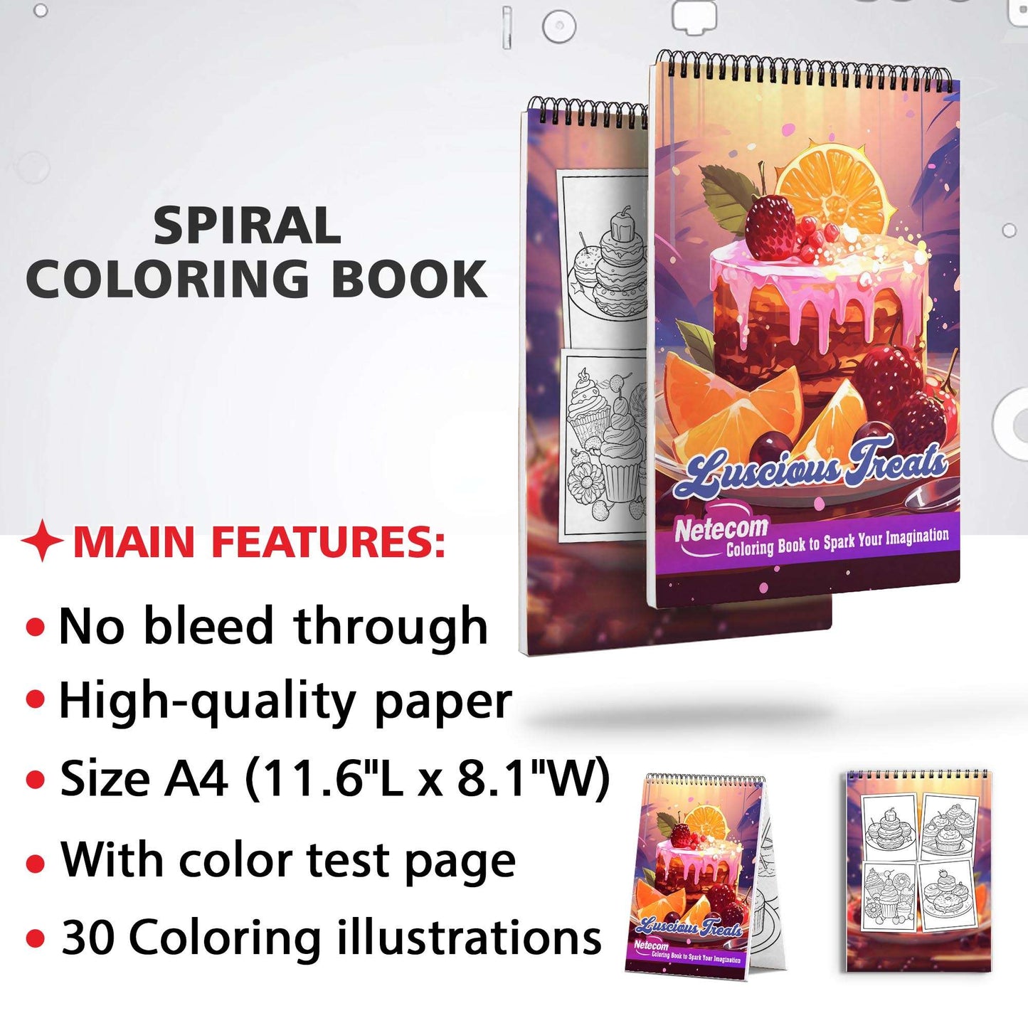 Luscious Treats Spiral Bound Coloring Book, Celebrate the Art of Baking with 30 Captivating Coloring Pages, Offering an Artistic and Flavorful Experience