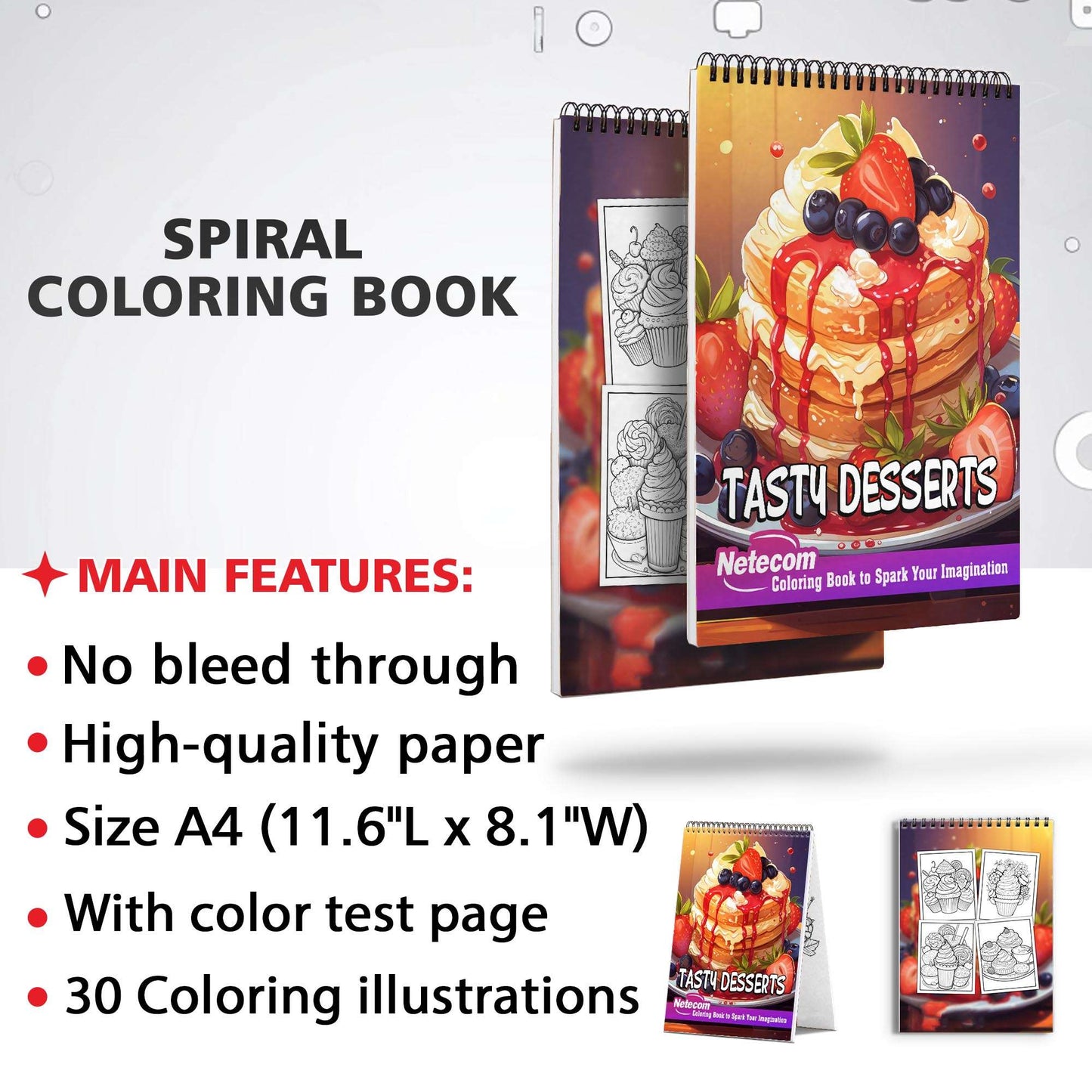 Tasty Deserts Spiral Bound Coloring Book, Savor 30 Dazzling Coloring Pages, Fostering Focus and Creativity as You Celebrate the Artistry of Culinary Creations