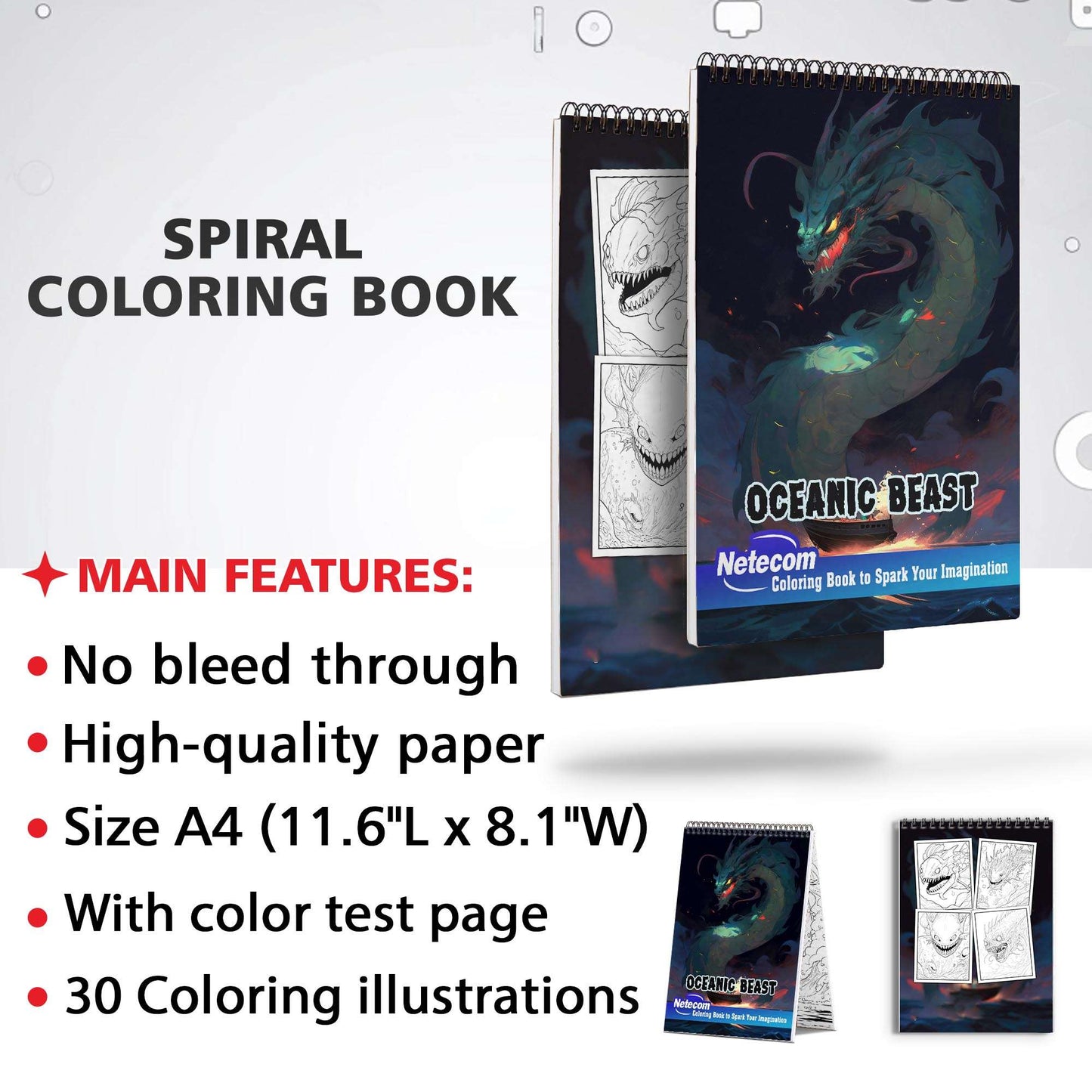 Oceanic Beast Spiral Bound Coloring Book, Indulge in 30 Dazzling Coloring Pages, Fostering Focus and Creativity as You Confront the Terrifying Creatures of the Deep