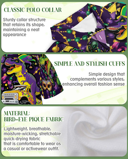 Mardi Grawr Dinosaur Polo Shirt for Men-Funny Mardi Gras T Rex Carnival Party Shirt | Netecom