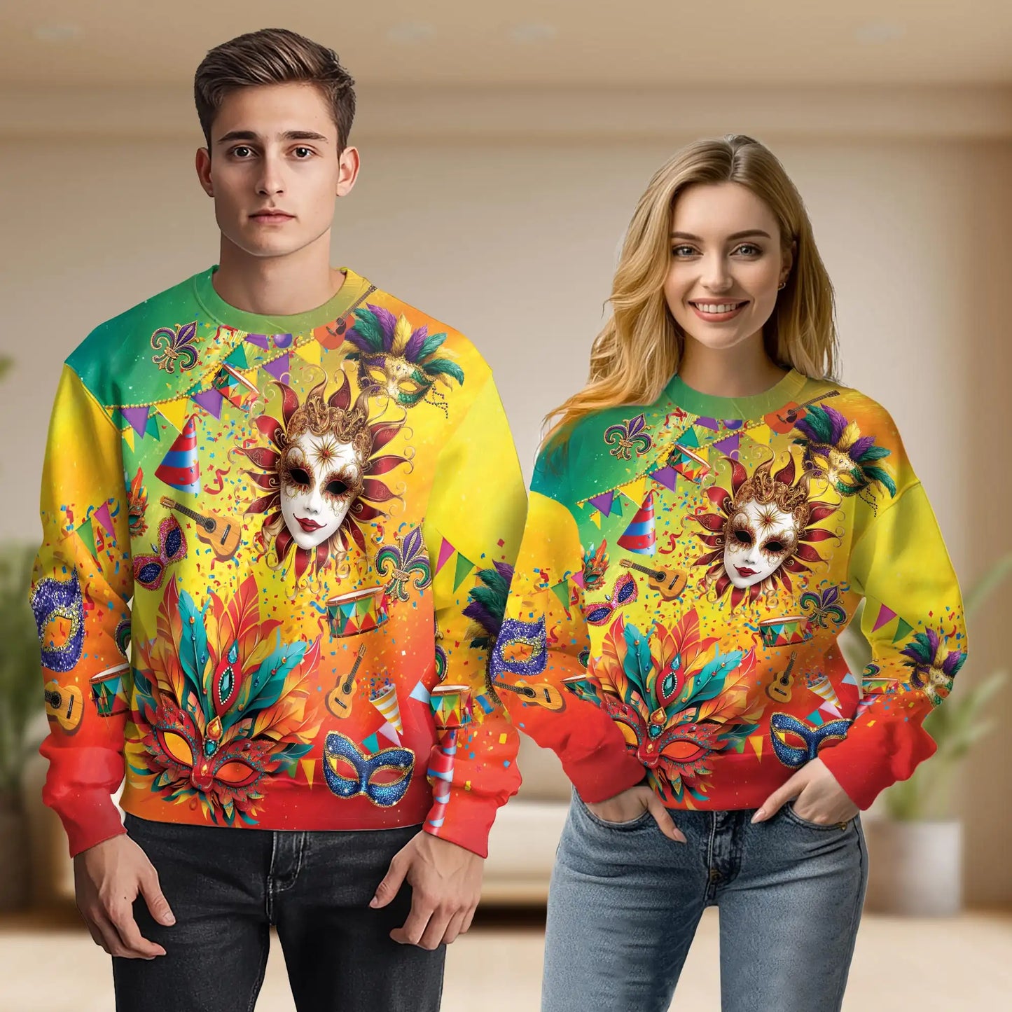 Colorful Masquerade Party Sweatshirt, 3D All Over Print Carnival Mask Crewneck Pullover for Men Women, Masquerade Lover Gift - Netecom
