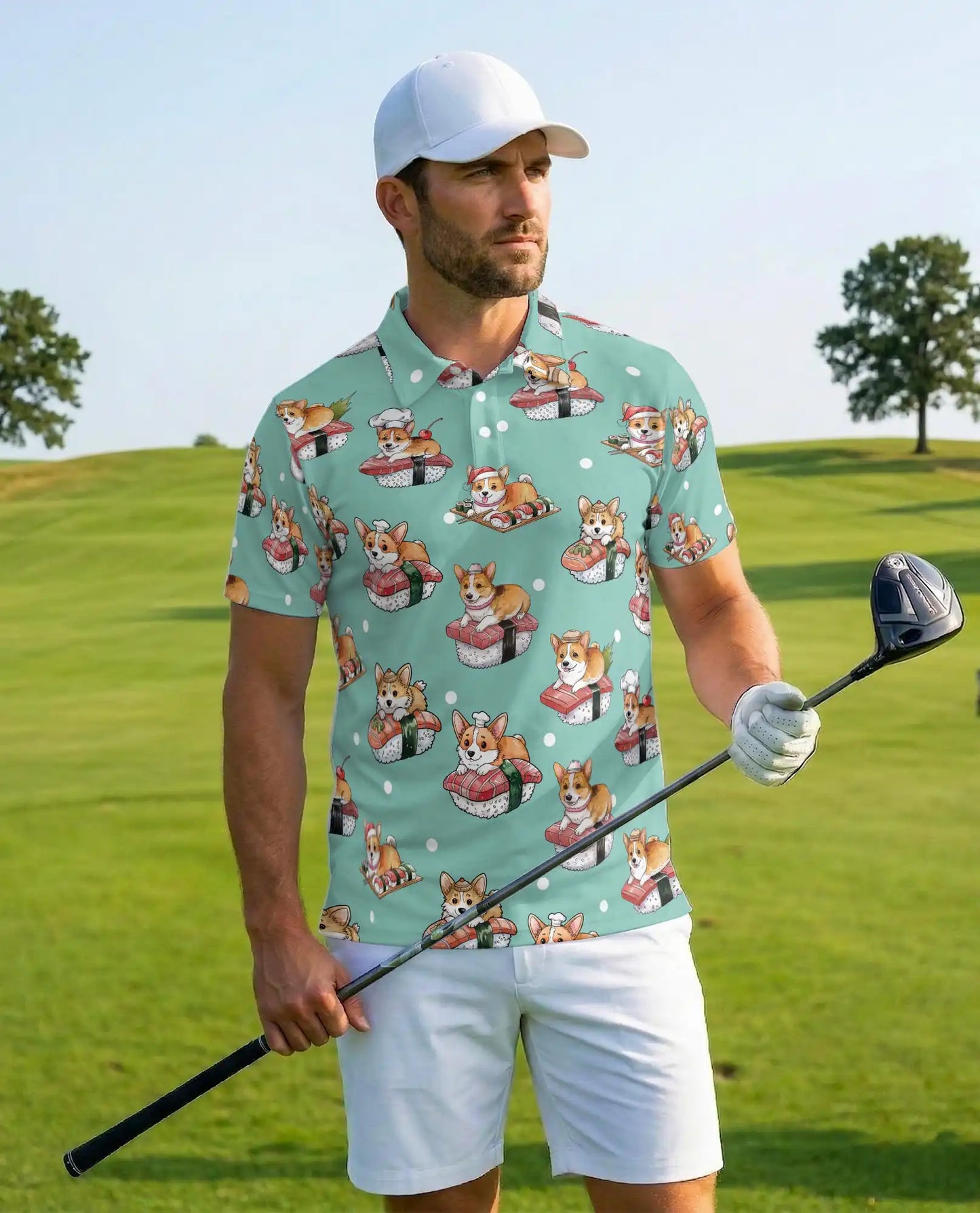 Cute Corgi Sushi Polo Shirt for Men - Funny Japanese Food | Netecom