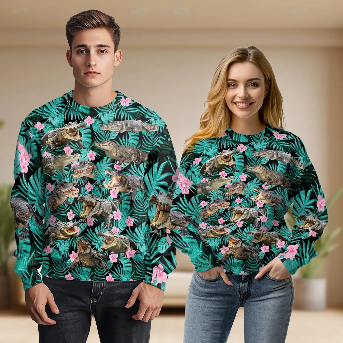Crocodile Alligator Green Tropical Sweatshirt, 3D All Over Print Jungle Reptile Crewneck Pullover for Men Women, Crocodile Lover Gift - Netecom