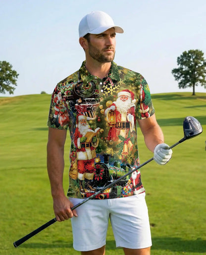Christmas Train Santa 3D Polo Shirt for Men – Vintage Holiday Winter Style | Netecom