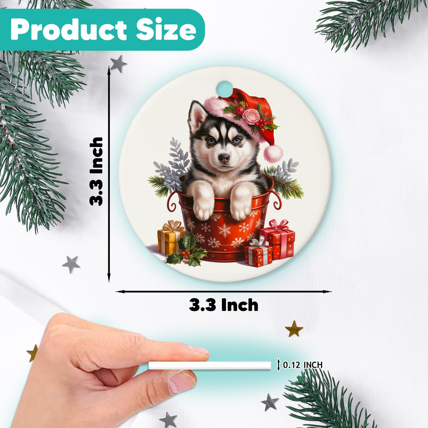 Netecom Cute Husky in Bucket Ornament, Dog with Santa Hat Ceramic Ornament for Christmas Tree Hanging Decorations Gift, Puppy Lover Gifts, Home Decor, Holiday Party Present
