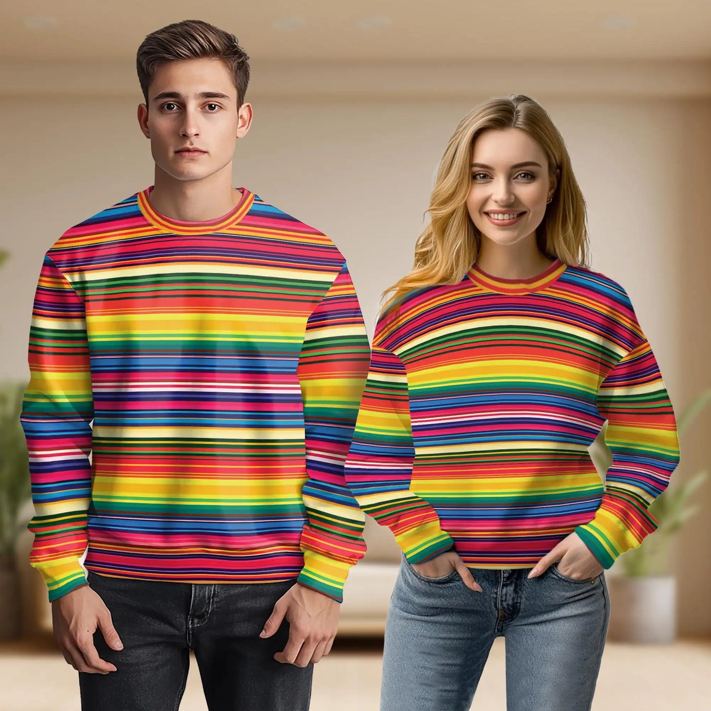 Mexican Serape Pattern Sweatshirt, 3D All Over Print Southwestern Aztec-Inspired Crewneck Pullover for Men Women, Mexican Style Gift - Netecom