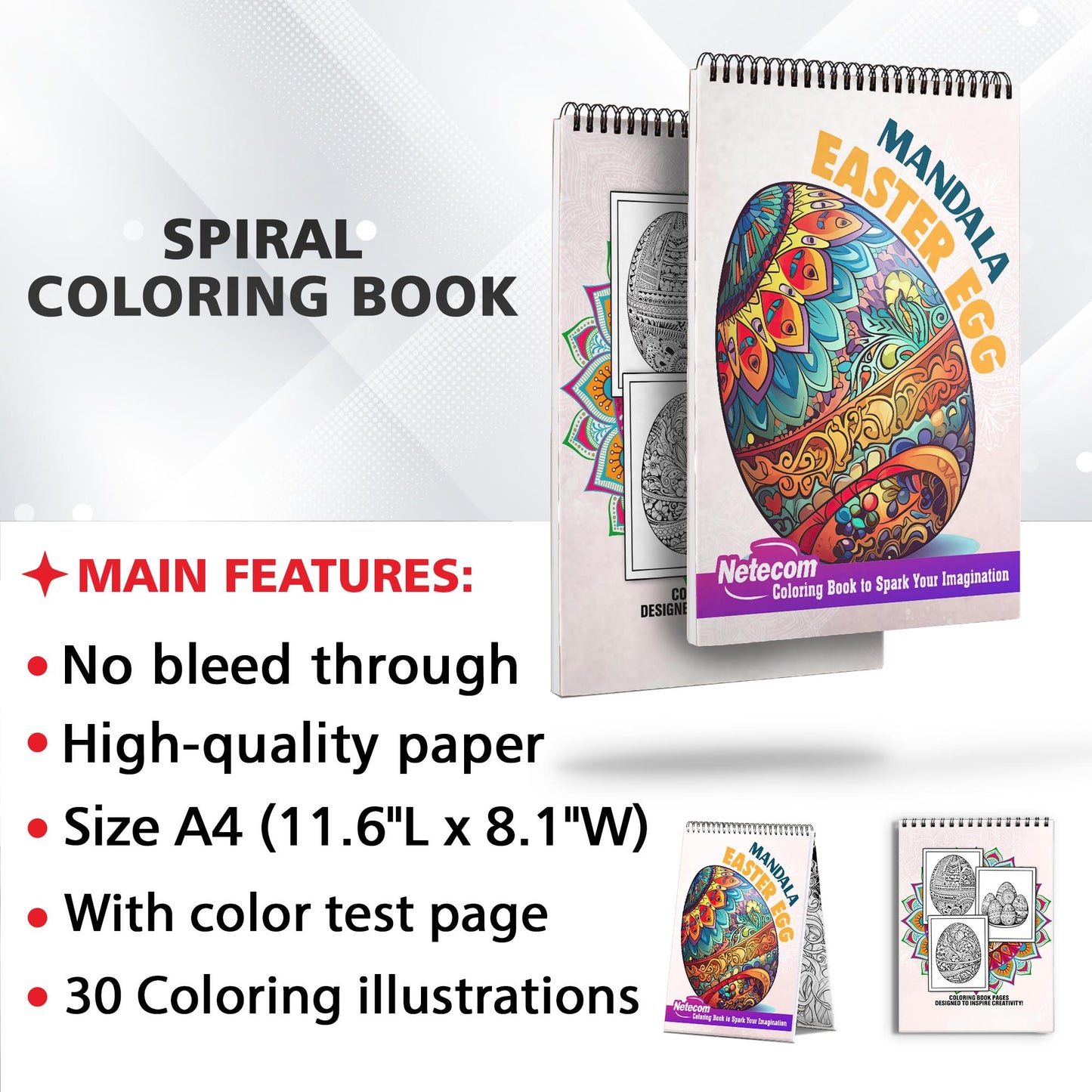 Mandala Easter Egg Spiral Bound Coloring Book, Capture the Essence of Easter with 30 Mandala Easter Egg Coloring Pages, Portraying Intricate Patterns Symbolizing Rebirth