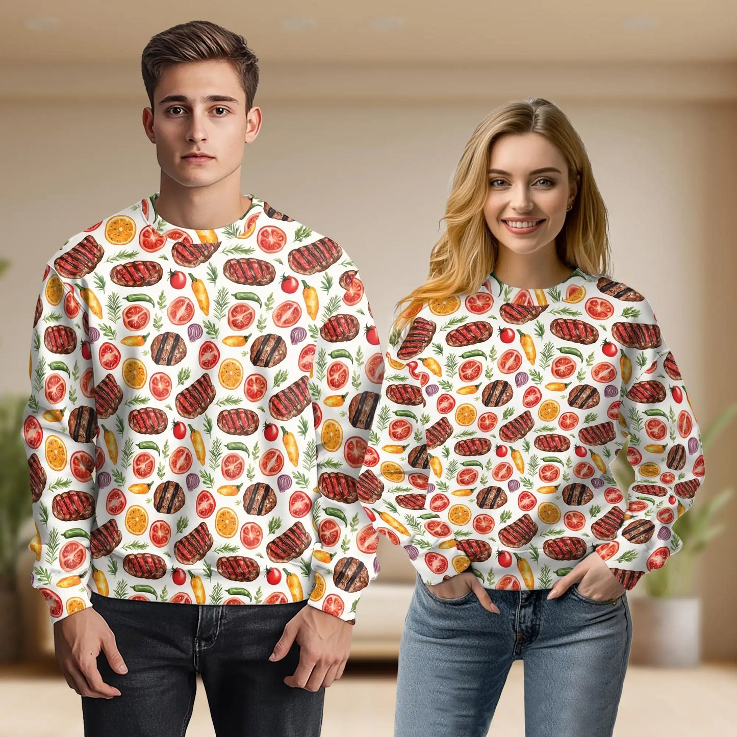 Grilled Steak and Vegetables Pattern Sweatshirt, 3D All Over Print BBQ Food Crewneck Pullover for Men Women, Grill Lover Gift - Netecom