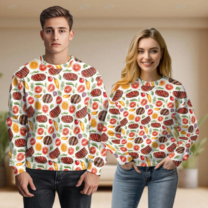 Grilled Steak and Vegetables Pattern Sweatshirt, 3D All Over Print BBQ Food Crewneck Pullover for Men Women, Grill Lover Gift - Netecom