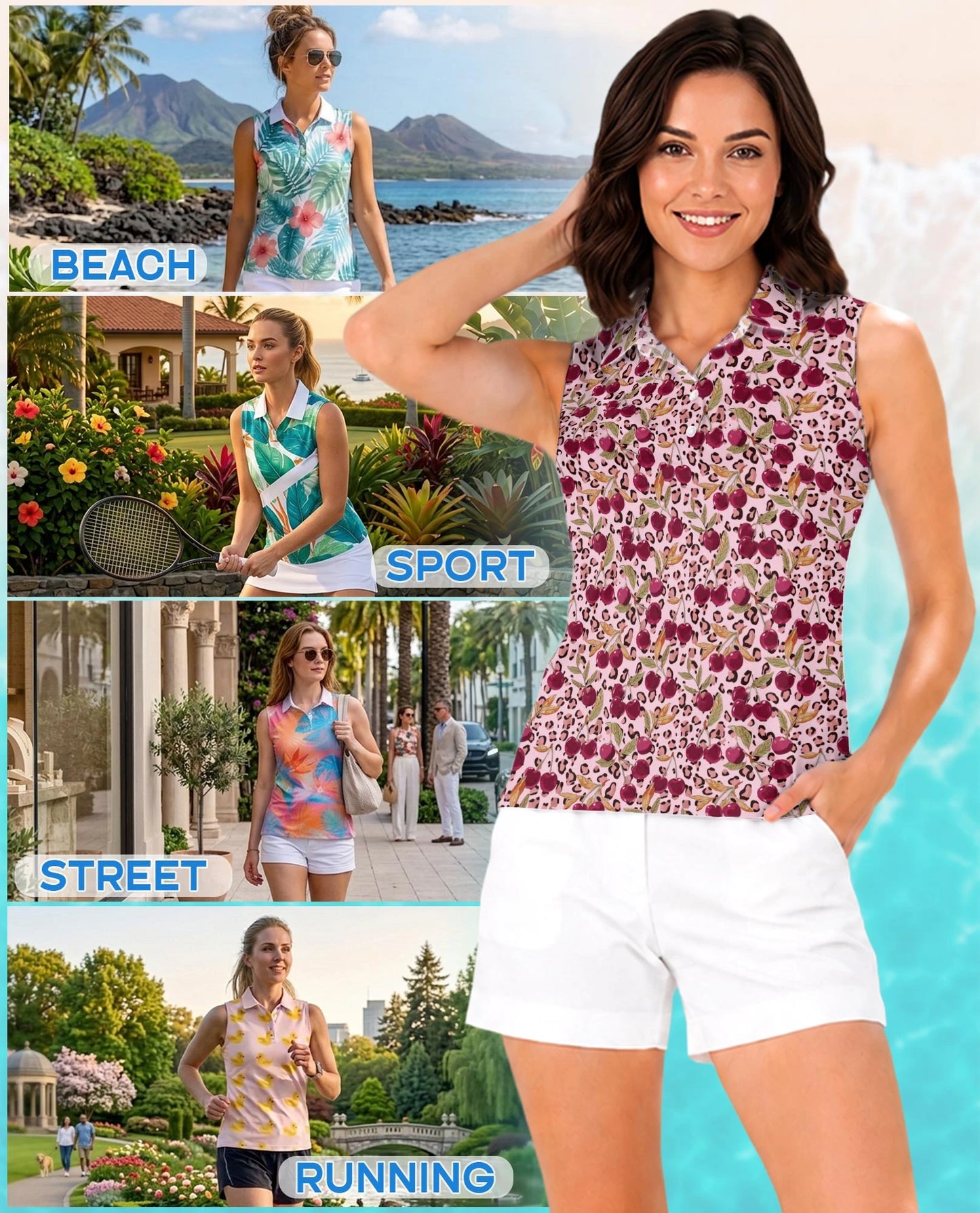 Pink Leopard Cherry Sleeveless Polo Shirt for Women – Cute Wild Fruit Style | Netecom