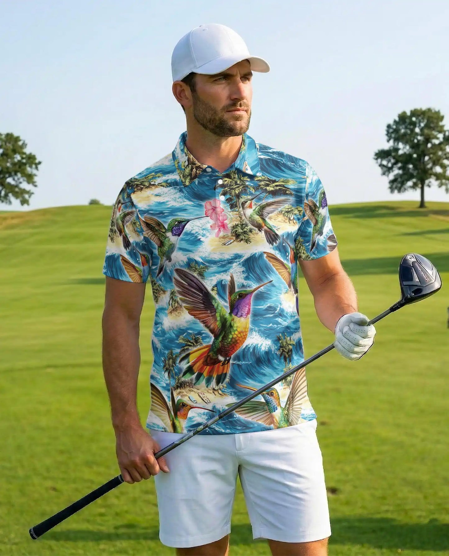 Hummingbird Tropical Polo Shirt – Ocean Wave Print | Netecom