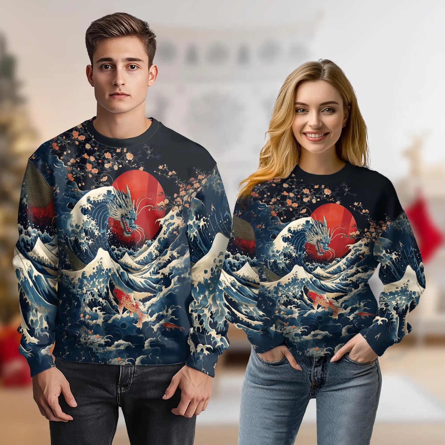 Japanese Dragon Koi Fish Sweatshirt, 3D All Over Print Japanese Art Crewneck Pullover for Men Women, Dragon and Koi Lover Gift - Netecom