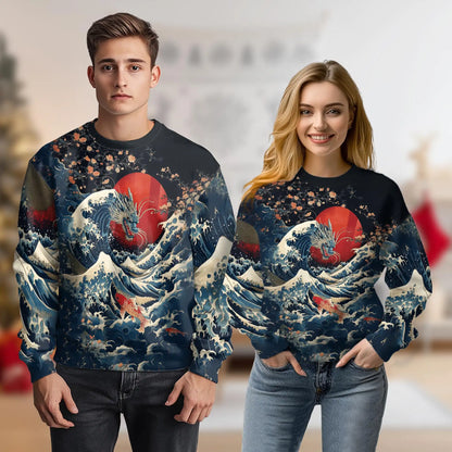 Japanese Dragon Koi Fish Sweatshirt, 3D All Over Print Japanese Art Crewneck Pullover for Men Women, Dragon and Koi Lover Gift - Netecom