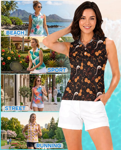 Violin Pattern Sleeveless Polo Shirt for Women | Netecom