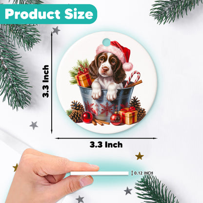 Netecom Cute English Springer Spaniel in Bucket Ornament, Dog with Santa Hat Ceramic Ornament for Christmas Tree Hanging Decorations Gift, Puppy Lover Gifts, Home Decor, Holiday Party Present
