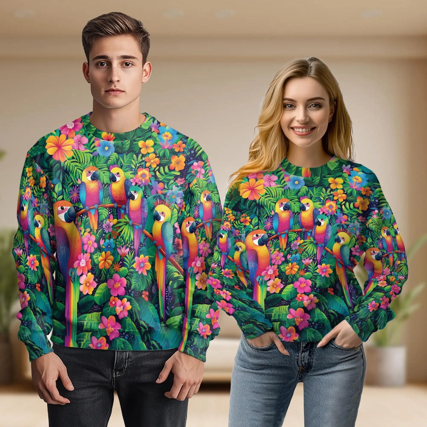 Parrot Tropical Sweatshirt, 3D All Over Print Colorful Exotic Bird Crewneck Pullover for Men Women, Parrot Lover Gift - Netecom