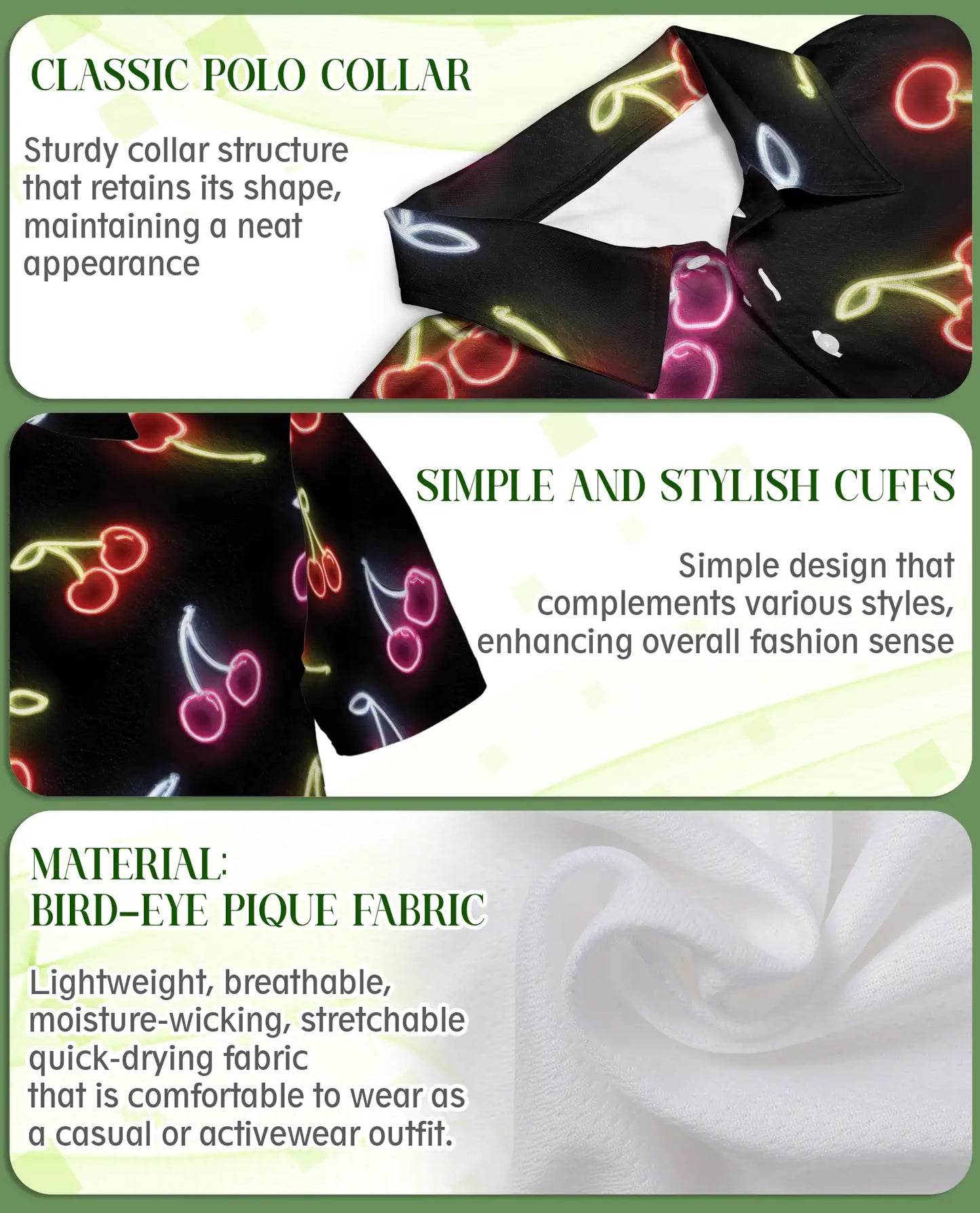 Neon Cherry Polo Shirt for Men- Retro Fruit Glow Aesthetic Shirt | Netecom