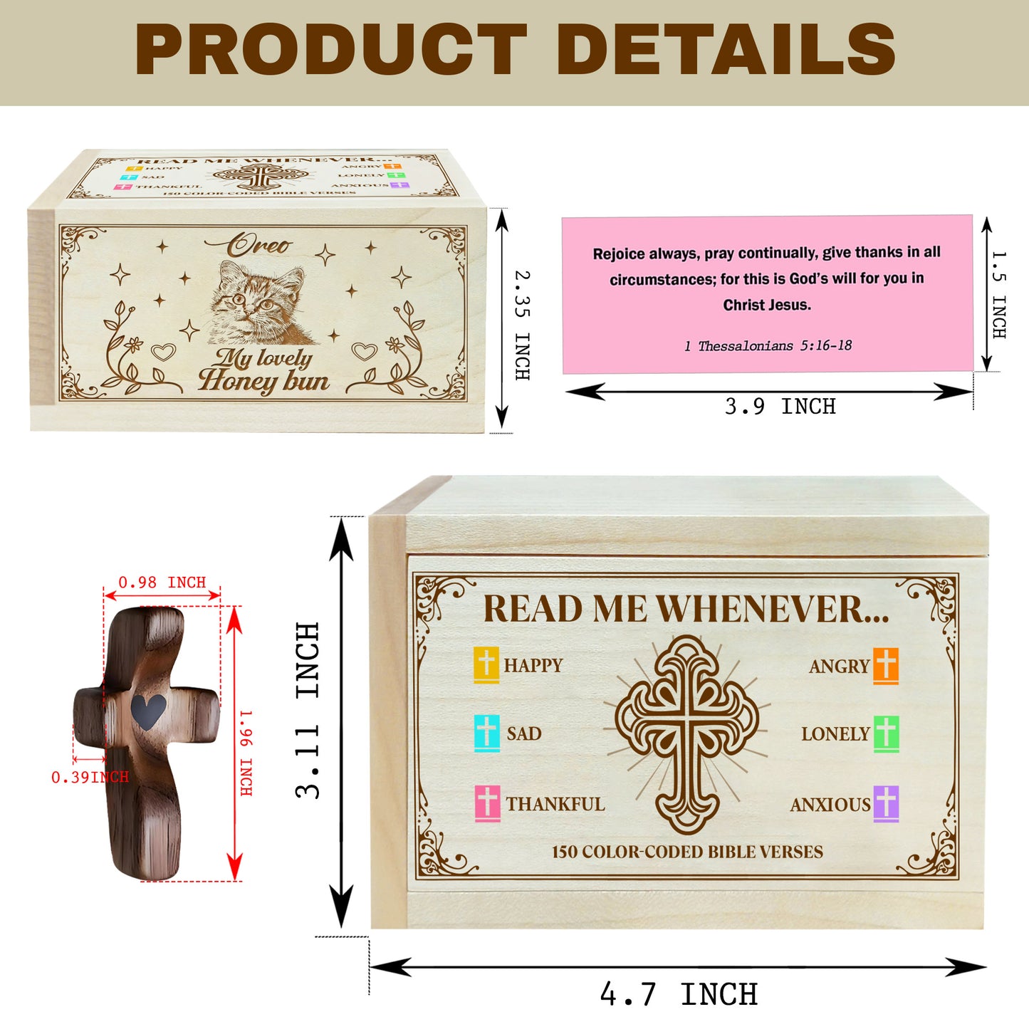 Netecom Personalized Cat Memorial Bible Verse Box with 150 Color-Coded Scriptures, Custom Name & Years on Box, Custom Name on Wooden Cross – Christian Keepsake for Pet Loss, Reflection & Prayer
