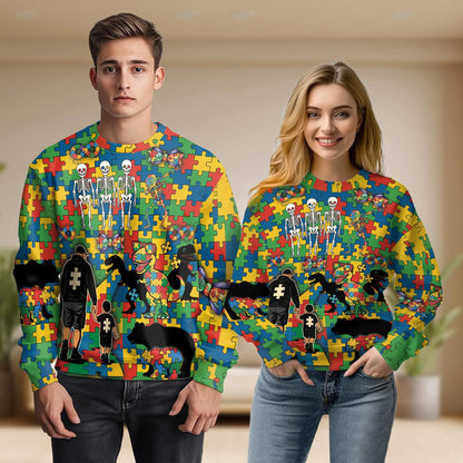 Dad and Son Dinosaur Skeleton Puzzle Pieces Sweatshirt, 3D All Over Print Father Son Crewneck Pullover for Men Women, Family Gift - Netecom