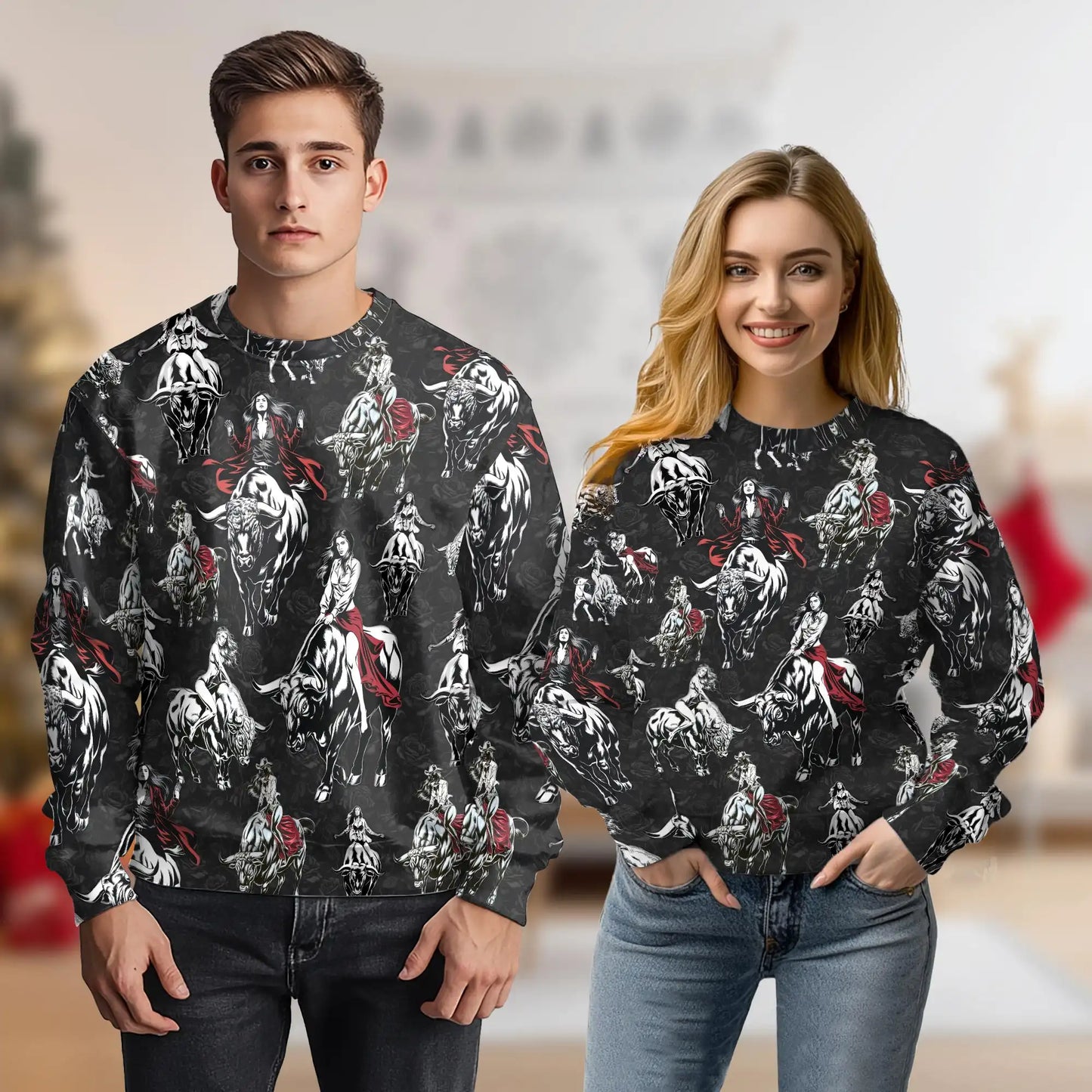 Girl Bull Rider All Over Print Sweatshirt, 3D All Over Print Western Rodeo Crewneck Pullover for Men Women, Cowgirl Gift - Netecom