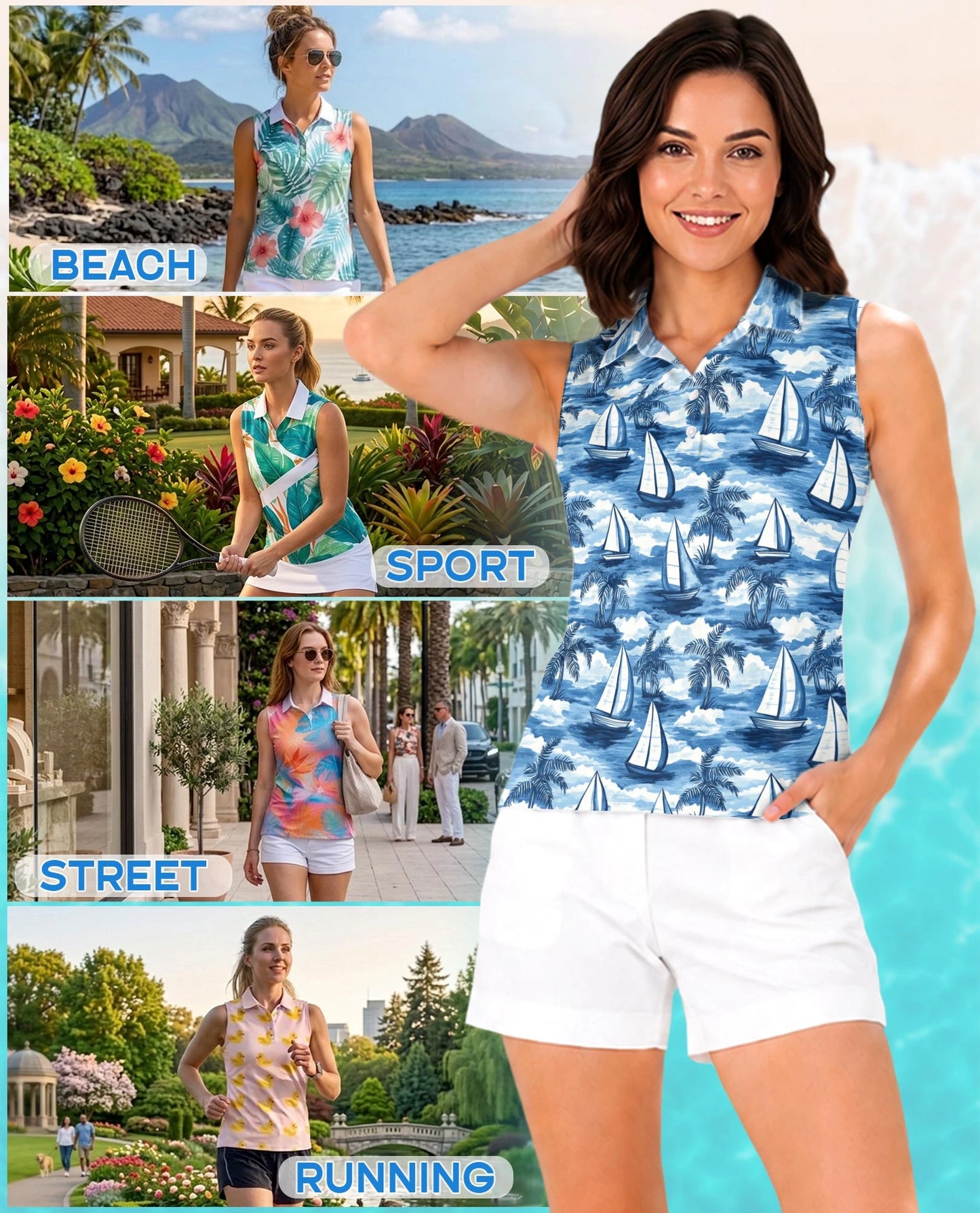 Sailboat Pattern Sleeveless Polo Shirt for Women | Netecom