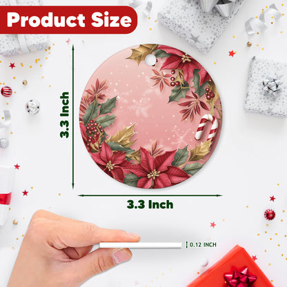 Netecom Pink Poinsettia and Holly Berries Christmas Ornament, Ceramic Candy Cane Keepsake Ornament for Xmas Tree Decorations, Gifts for Holiday, Party, Home Decor
