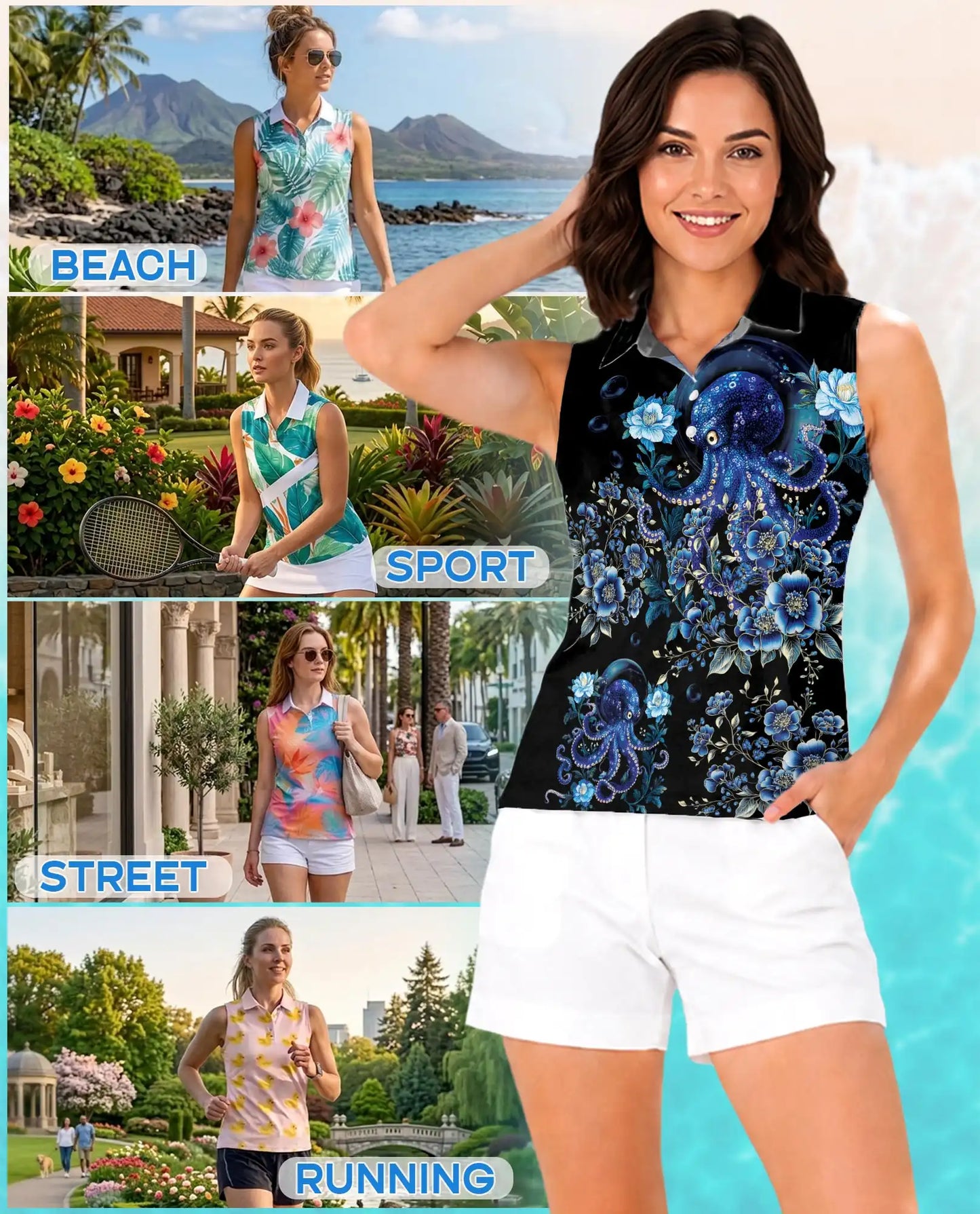 Blue Octopus Floral Sleeveless Polo Shirt for Women – Ocean Tropical Style | Netecom