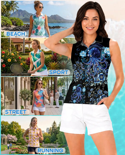 Blue Octopus Floral Sleeveless Polo Shirt for Women – Ocean Tropical Style | Netecom