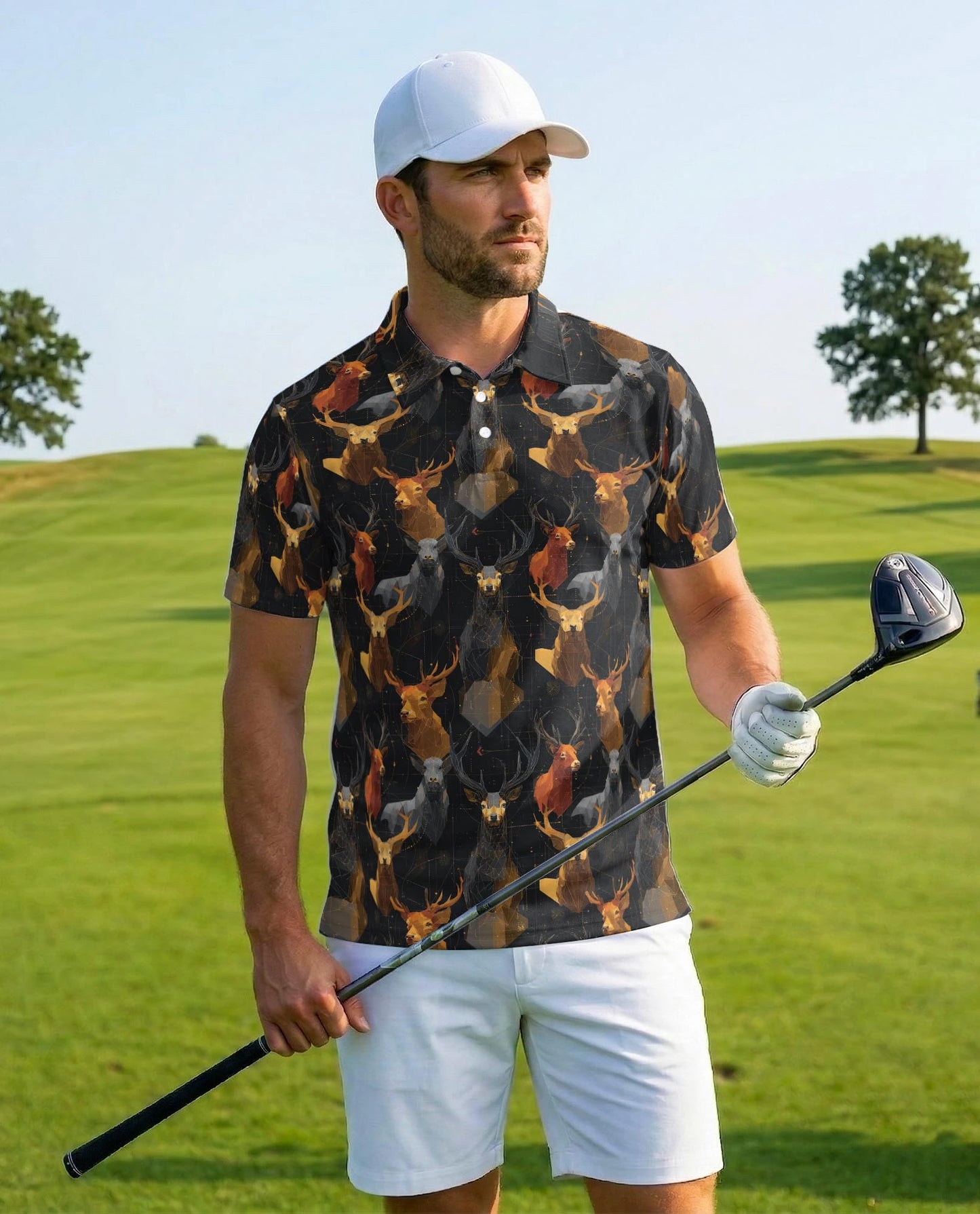Geometric Deer Polo Shirt for Men – Modern Wildlife Style | Netecom