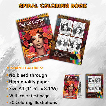 Black Women Flowers Spiral Bound Coloring Book, Celebrating Black Women Amidst Floral Beauty, Ideal for Empowerment and Artistic Expression