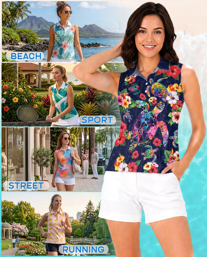 Turtle In Tropical Sleeveless Polo Shirt for Women – Ocean Island Style | Netecom