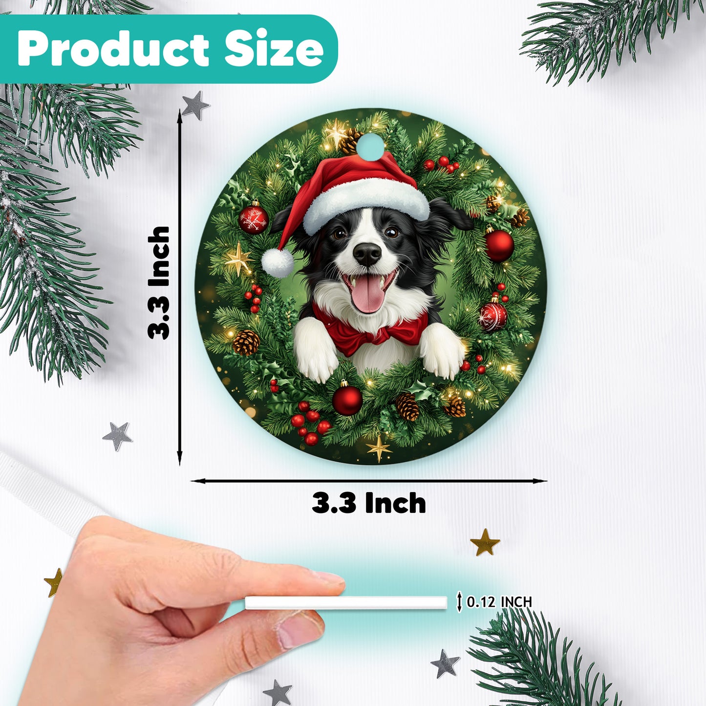 Netecom Cute Border Collie Christmas Ornament, Dog Santa Hat Ceramic Ornament for Xmas Tree Hanging Decorations Gift, Puppy Lover Gifts, Home Decor, Holiday Party Present