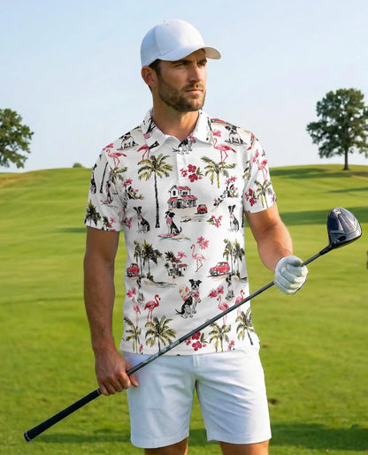 Coastal Dog Flamingo Polo Shirt - Tropical Beach Vacation Style | Netecom