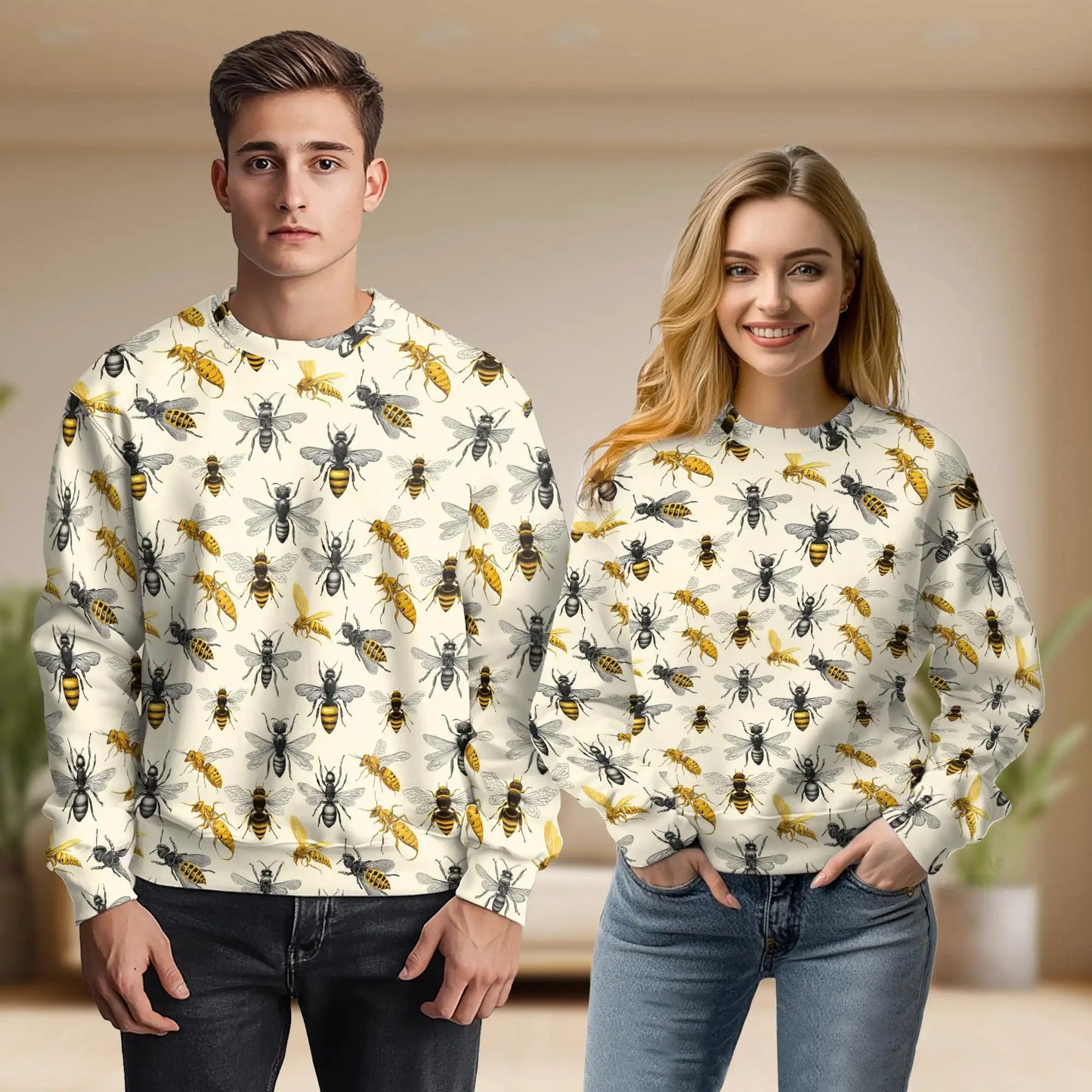 Vintage Honey Bee Sweatshirt, 3D All Over Print Rustic Botanical Crewneck Pullover for Men Women, Bee Lover Gift - Netecom