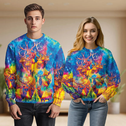 Colorful Elk Moose Sweatshirt, 3D All Over Print Wildlife Crewneck Pullover for Men Women, Elk and Moose Lover Gift - Netecom