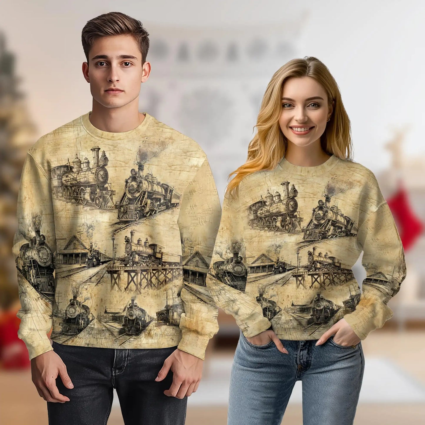 Vintage Locomotive Engine Sweatshirt, 3D All Over Print Retro Train Crewneck Pullover for Men Women, Train Lover Gift - Netecom