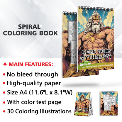 Geek Gods Mythology Spiral Bound Coloring Book, Immerse Yourself in 30 Intriguing Mythological Coloring Pages, Unveiling Geek Gods from Diverse Worlds